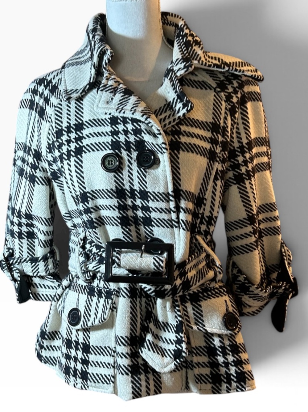 Joujou Plaid Black & White Belted Short Peacoat Jacket